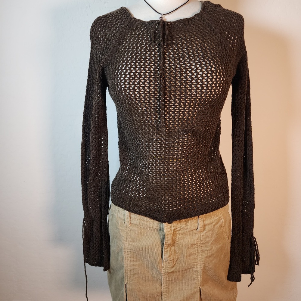 Great‎ American Sweater Co. Brown Knit Tie Long Sleeve Top Women's Size L